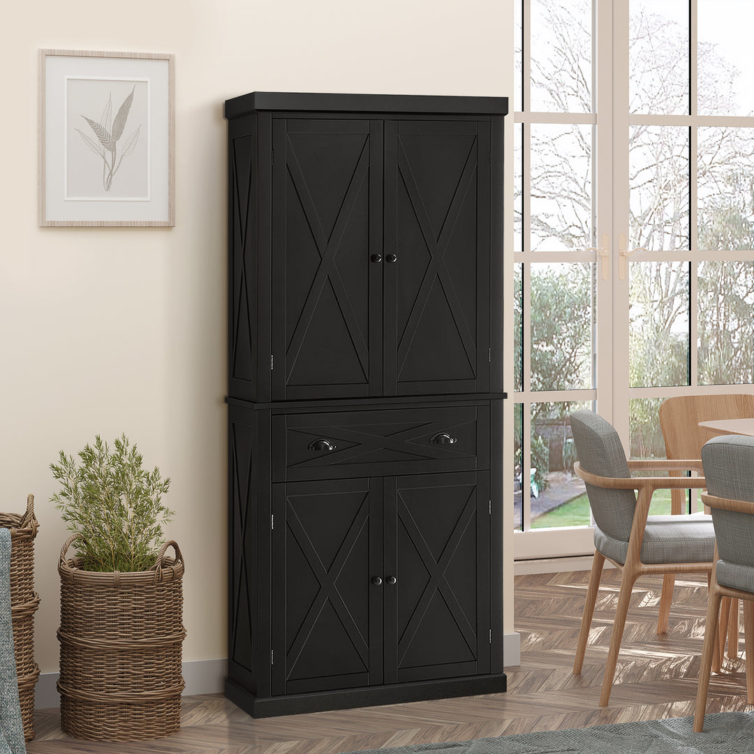 HOMCOM 72.5" Kitchen Pantry Cabinet, Freestanding Storage Cabinet with 4 Doors, Drawer and Adjustable Shelves, Black