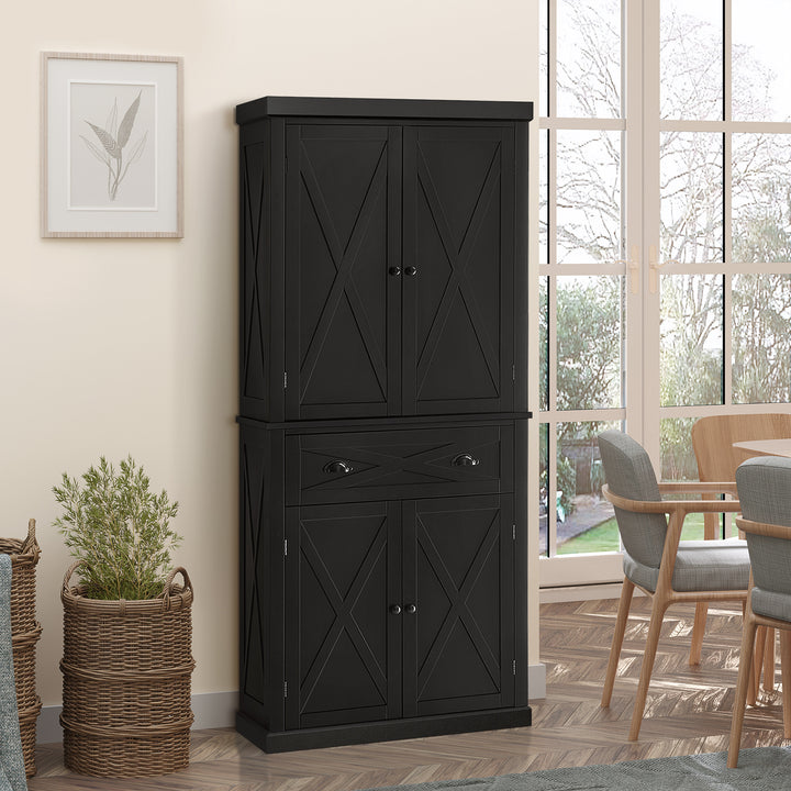 HOMCOM 72.5" Kitchen Pantry Cabinet, Freestanding Storage Cabinet with 4 Doors, Drawer and Adjustable Shelves, Black