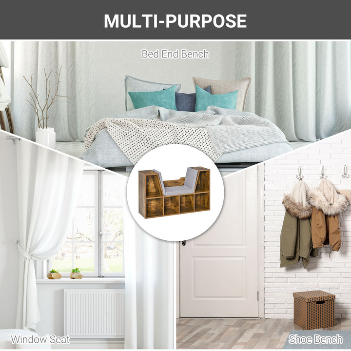 HOMCOM 6-Cubby Bookcase with Seat Cushion, Cube Storage Shelf with Reading Nook for Home Office, Study, Rustic Brown