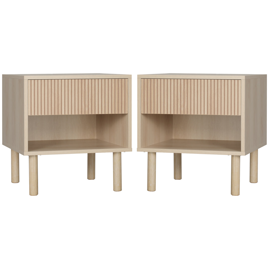 HOMCOM Set of 2 Bedroom Nightstands, Side Table with Storage Shelf and Drawer for Living Room, Bedroom, Natural Wood