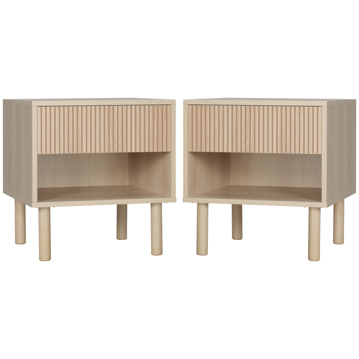 HOMCOM Set of 2 Bedroom Nightstands, Side Table with Storage Shelf and Drawer for Living Room, Bedroom, Natural Wood