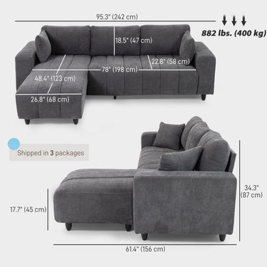 HOMCOM Sectional Couch with Integrated Seat, 3 Seater L-Shaped Sofa with Changeable Chaise, Spring Cushion, 2 Pillows, Grey