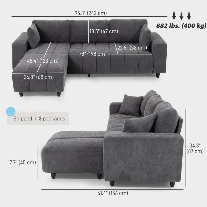 HOMCOM Sectional Couch with Integrated Seat, 3 Seater L-Shaped Sofa with Changeable Chaise, Spring Cushion, 2 Pillows, Grey