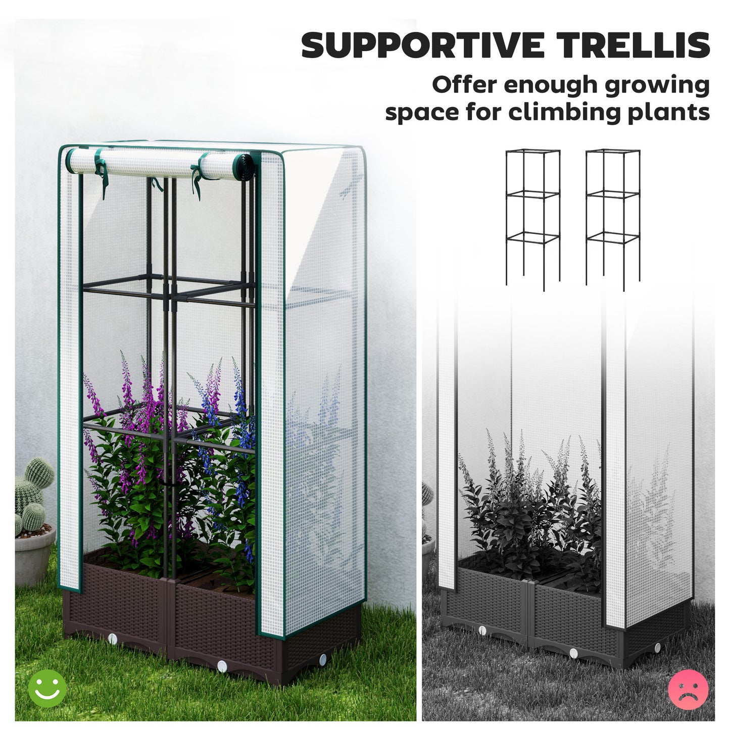 Outsunny Raised Garden Bed Kit with Trellis, Plastic Raised Flower Bed with PE Cover and Zipper Door, 47 x 16 x 50 inch