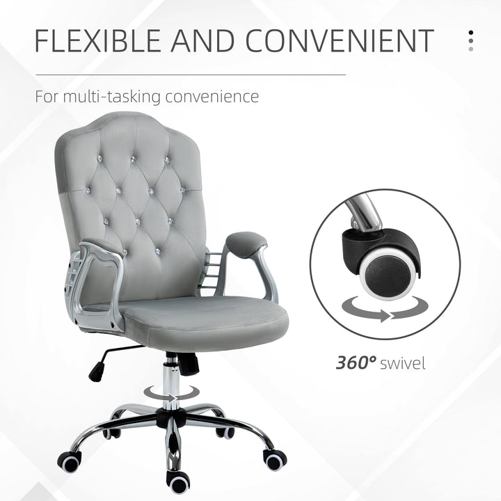 Vinsetto Office Chair, Velvet Computer Chair, Button Tufted Desk Chair with Swivel Wheels, Adjustable Height, Tilt Function, Grey