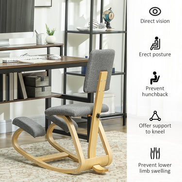 HOMCOM Ergonomic Kneeling Chair, Rocking Wood Kneel Stool with Backrest for Improve Posture, Back Pain, Grey