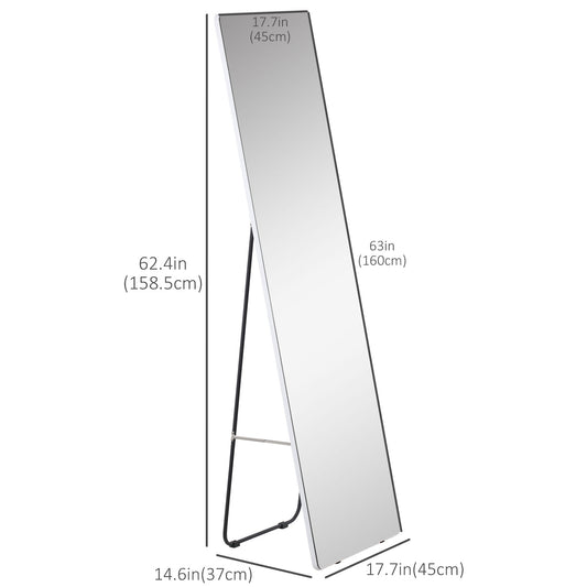 HOMCOM 63"x18" Full Length Mirror, Floor Standing, Wall-Mounted or Leaning Against Wall Tall Mirror w/Support Frame, Rectangular Full Body Mirror for Bedroom, Living Room, Silver
