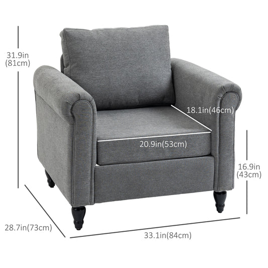 HOMCOM Vintage Armchair, Upholstered Accent Chair with Rolled Arms, Gourd-Shaped Rubber Wood Legs, Light Grey