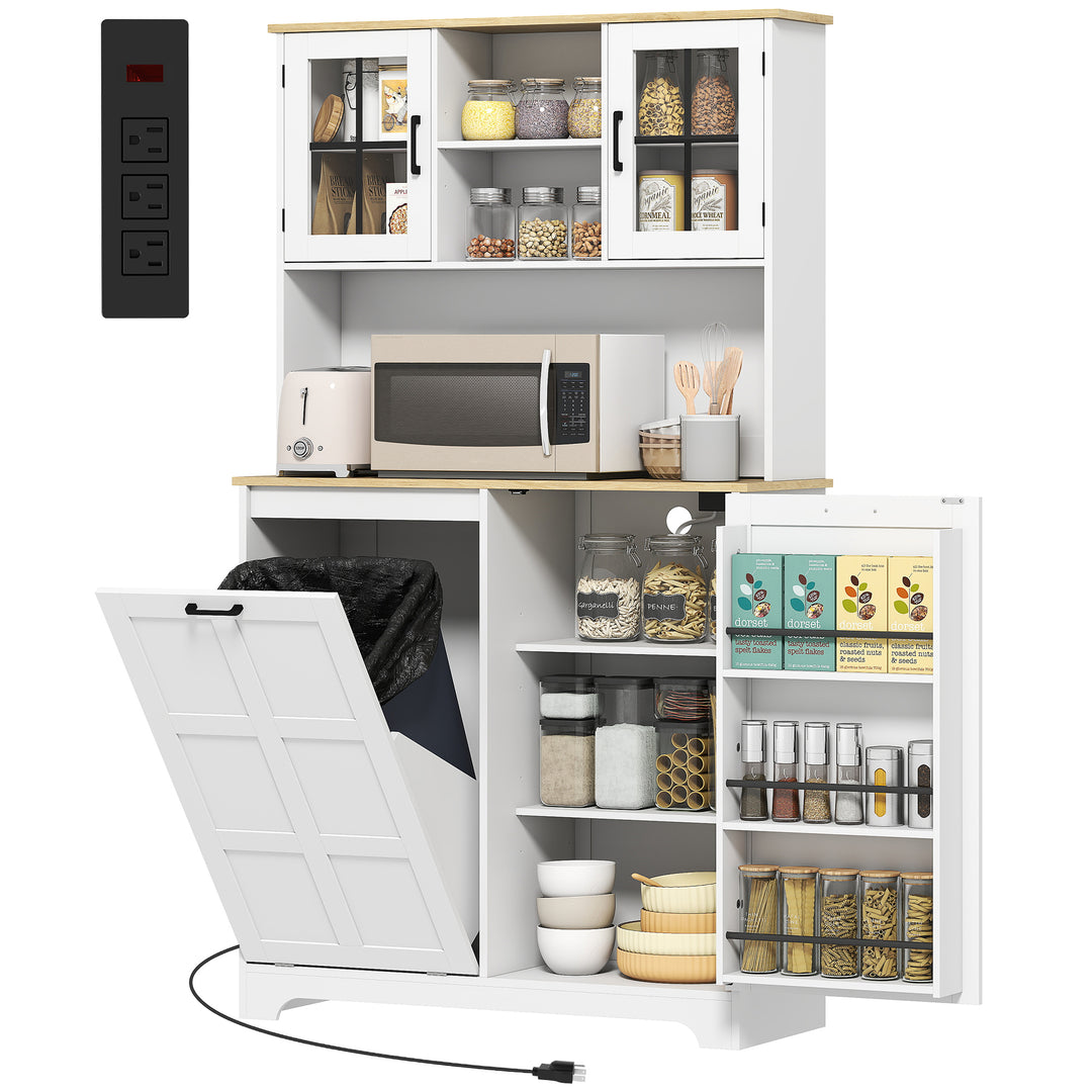 HOMCOM Kitchen Pantry Cabinet with Charging Station, 7 Gallon Trash Can Cabinet, Adjustable Shelves and Acrylic Doors, Black