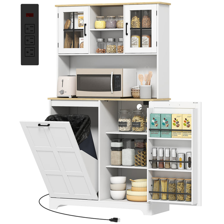 HOMCOM Kitchen Pantry Cabinet with Charging Station, 7 Gallon Trash Can Cabinet, Adjustable Shelves and Acrylic Doors, Black