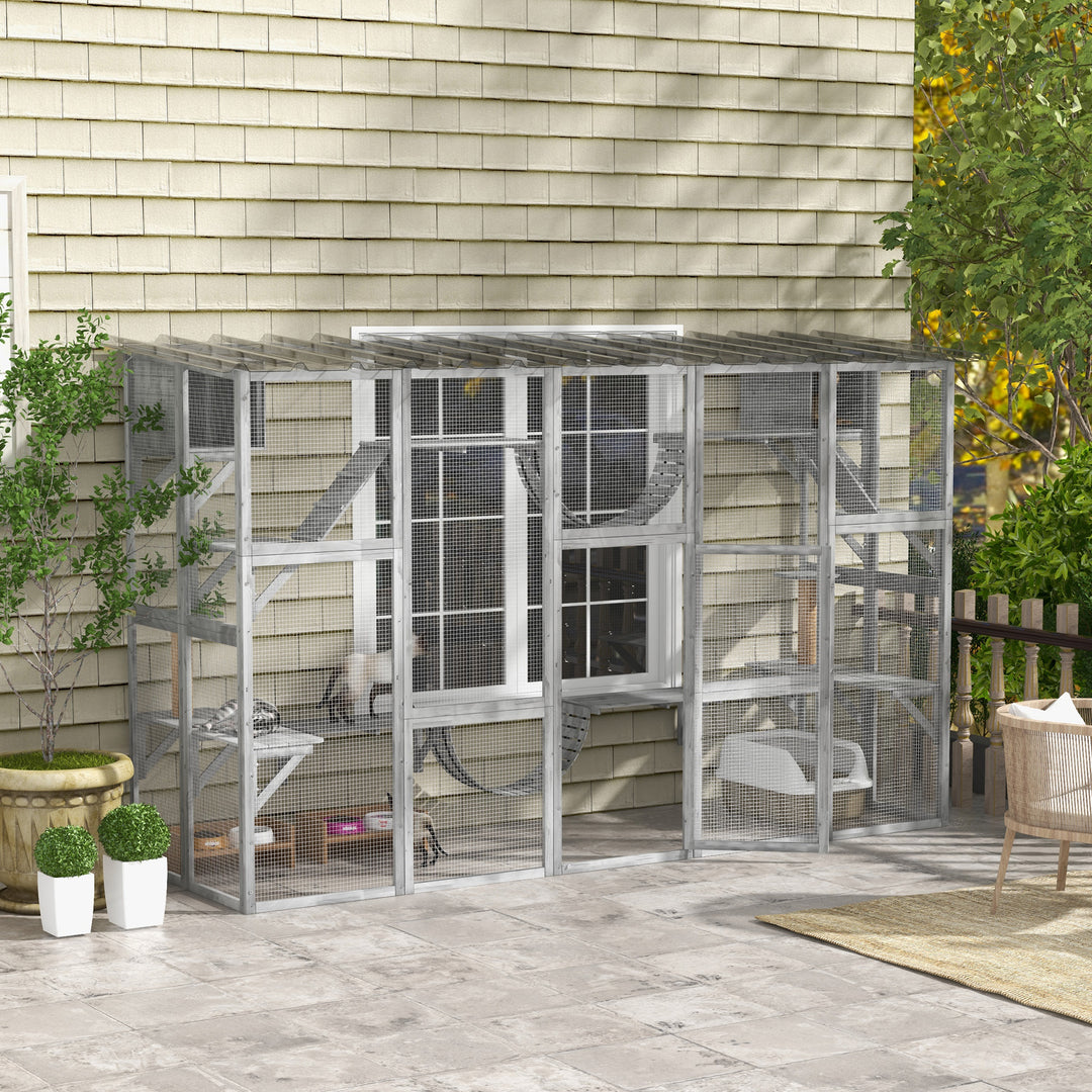 PawHut Large Outdoor Catio with Condos, Platforms, Doors, Ladders, Weather-Resistant Roof, Orange