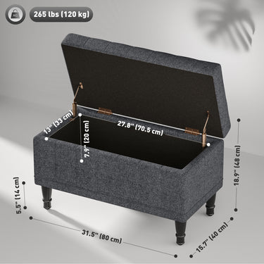 HOMCOM Storage Ottoman, Linen Fabric End of Bed Bench with Button Tufted Storage Bench for Bedroom, Grey