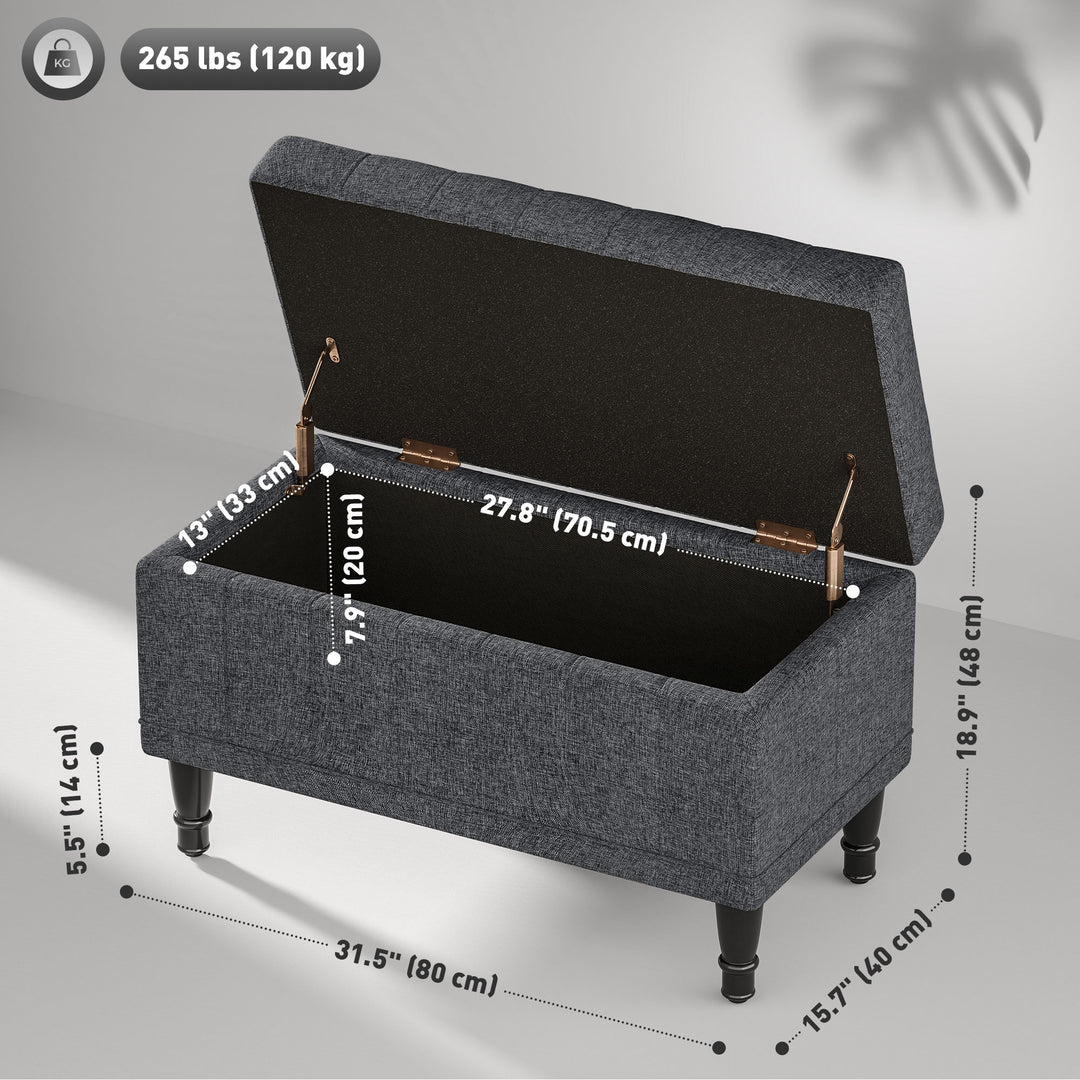 HOMCOM Storage Ottoman, Linen Fabric End of Bed Bench with Button Tufted Storage Bench for Bedroom, Grey