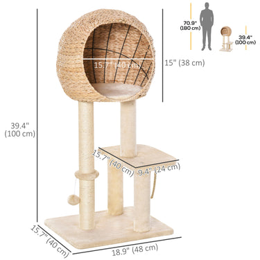 PawHut 39" H Cat Tree with Sisal Scratching Post, Condo, Plush Perch, Hanging Rope and Hanging Ball, Beige