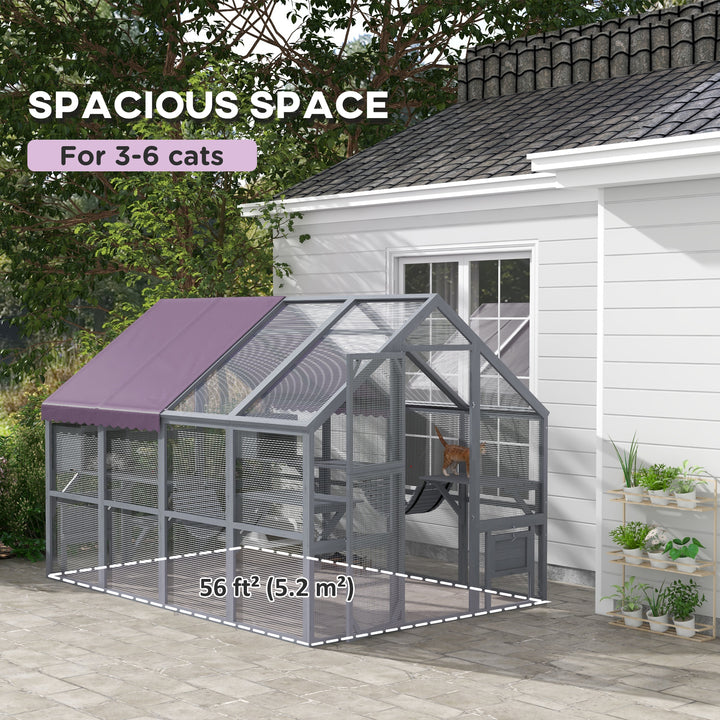 PawHut Outdoor Cat Enclosure Wooden Feral Cat House w/ Weatherproof Canopy, Bridges, Resting Boxes, Platforms, for 3-6 Cats