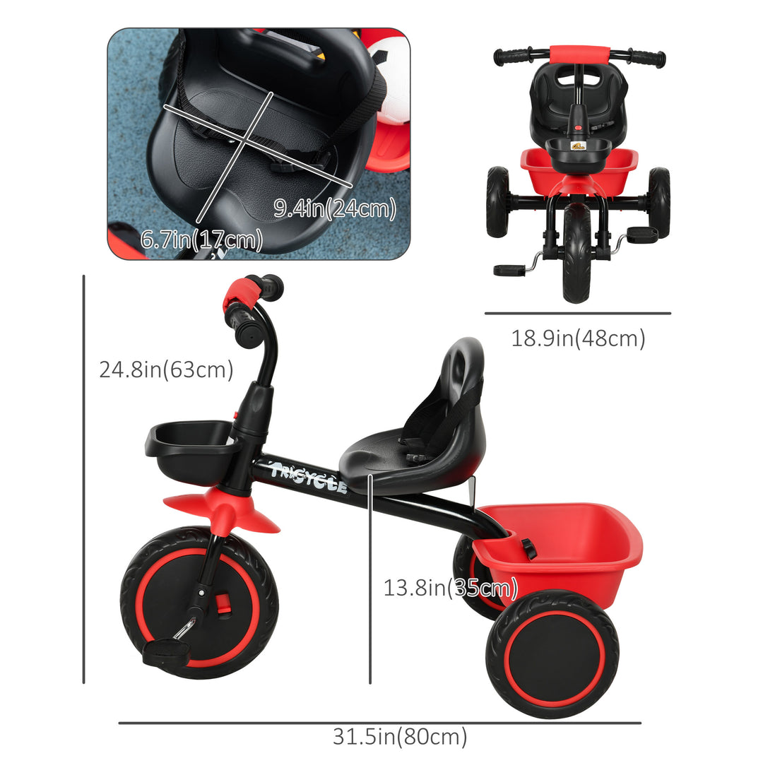 Qaba Large Kids Tricycle for Toddler 2-5 Year Old Girls and Boys, Toddler Trike Bike with Adjustable Seat, Safety Belt,  Two Storage Baskets, Red