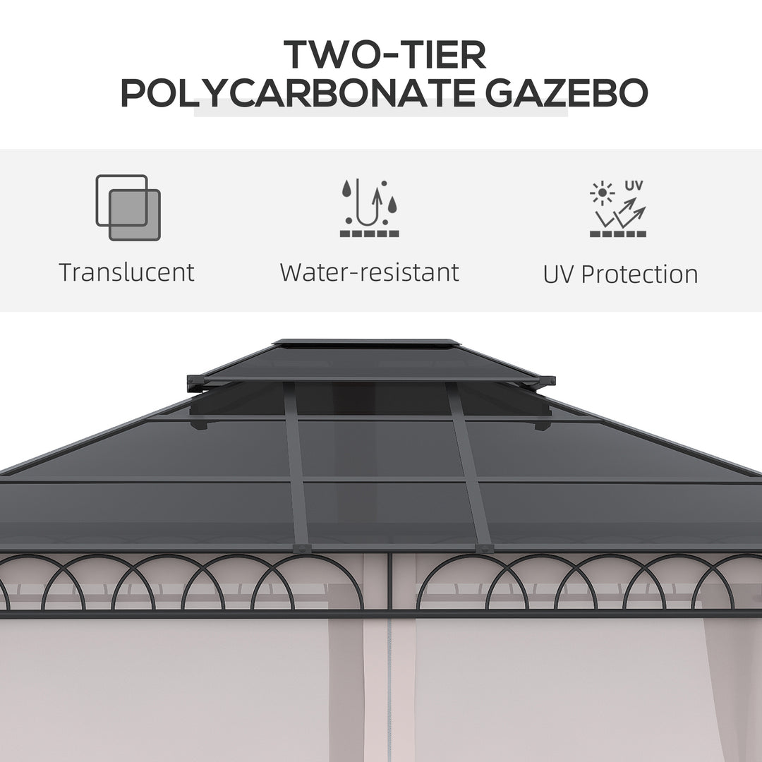 Outsunny 10' x 12' Outdoor Hardtop Gazebo Canopy w/ Double PC Roof, Steel Frame, Nettings, Curtains for Garden Lawn Deck, Khaki