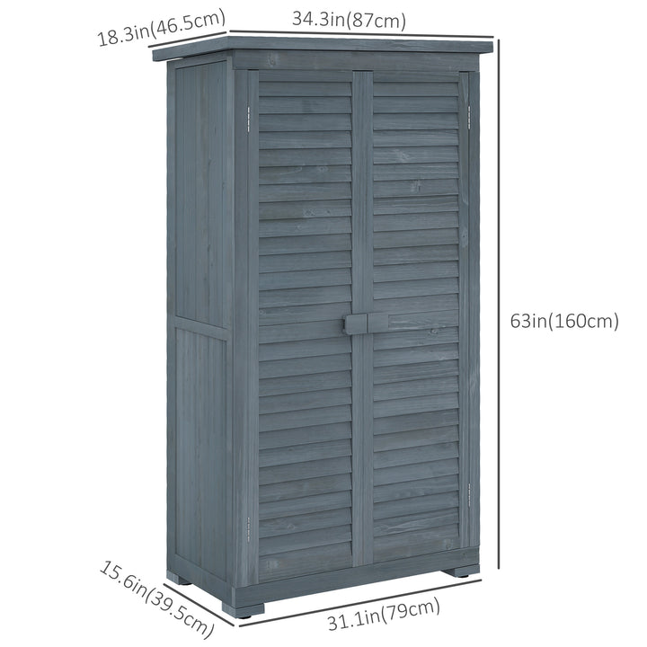 Outsunny Outdoor Garden Shed, Wooden Tool Storage Shed, 3-Tier Shelves, Asphalt Roof, Shutter Doors, 34.3" x 18.3" x 63", Grey