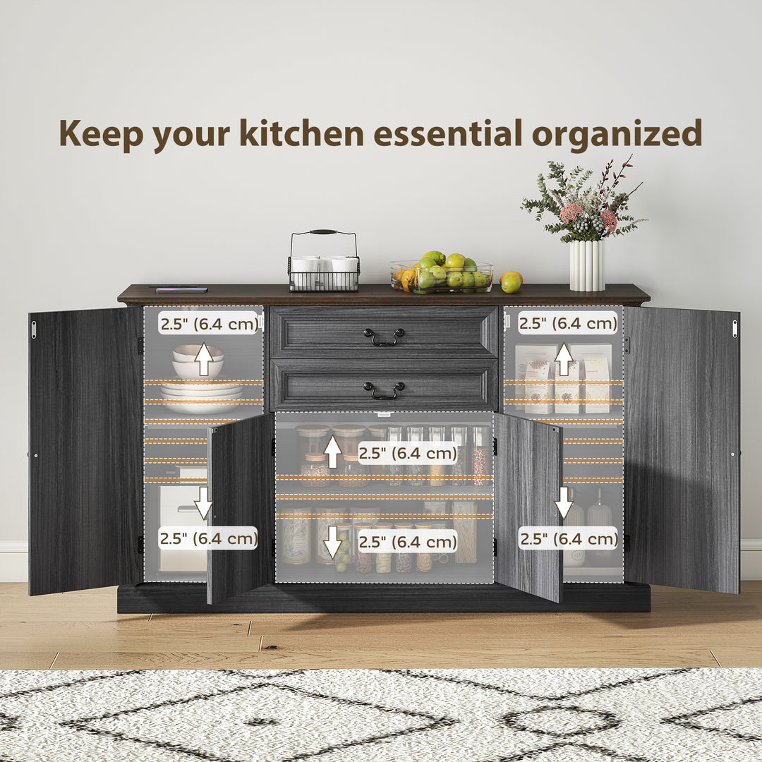 HOMCOM Farmhouse Sideboard with Charging Station and Thickened Top, 58" Buffet Cabinet with 2 Soft-Close Drawers, White