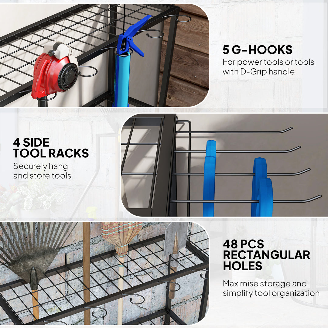 Outsunny 3-Tier Yard Tool Tower Rack, Garden Tool Organizer with Hooks for Long-Handled Rakes, Shovel, Broom, Black