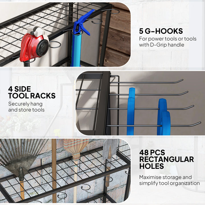 Outsunny 3-Tier Yard Tool Tower Rack, Garden Tool Organizer with Hooks for Long-Handled Rakes, Shovel, Broom, Black