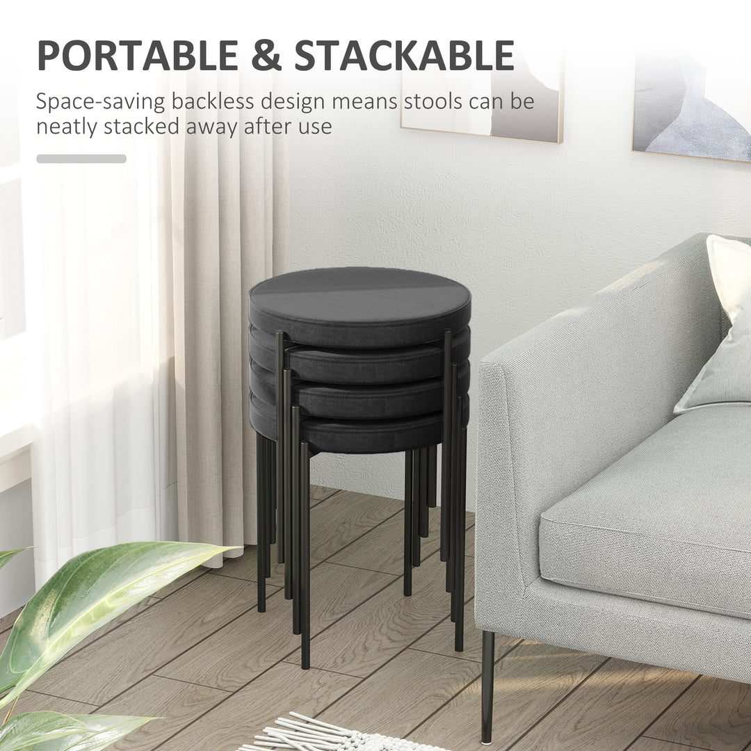 HOMCOM Backless Round Dining Chairs, Modern Stacking Stools Set of 4, Kitchen Chairs with Metal Legs, Black