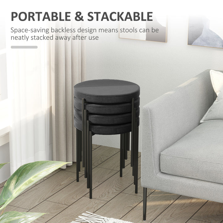 HOMCOM Backless Round Dining Chairs, Modern Stacking Stools Set of 4, Kitchen Chairs with Metal Legs, Black