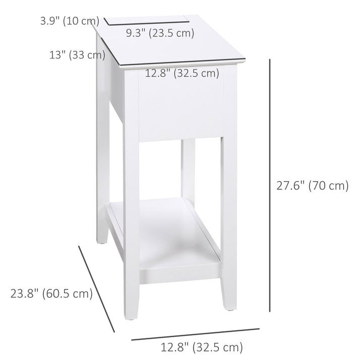 HOMCOM Flip Top End Table, Side Table with Storage Shelf and Cable Management, Narrow Nightstand for Living Room, Bedroom, White