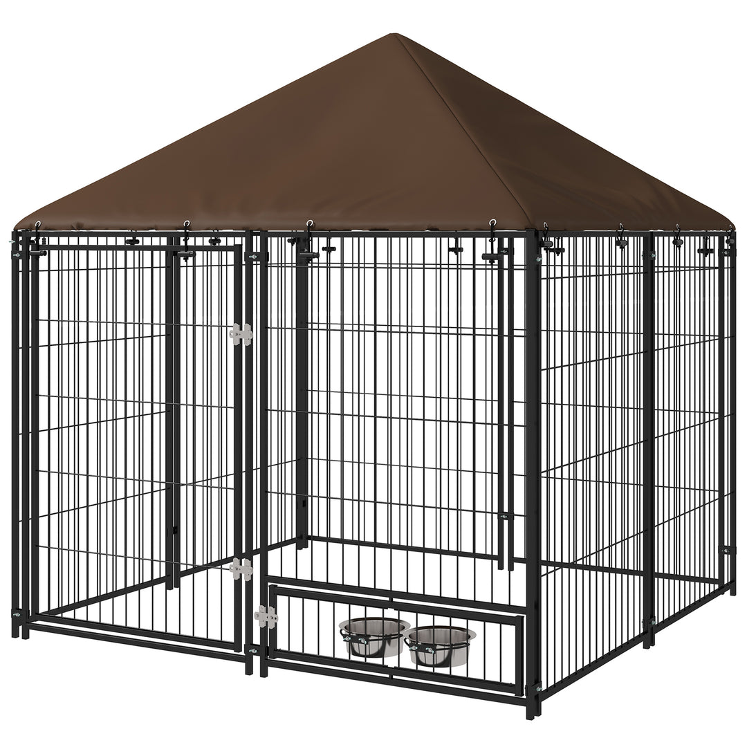 PawHut 4.6' x 4.6' x 5' Outdoor Dog Kennel with Canopy, Rotating Bowls, Coffee