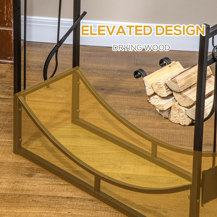 Outsunny 2-Tier Firewood Log Rack with 4 Tools 33" Fireplace Wood Holder Storage Log Rack with Shovel, Broom, Poker, Tongs and Hooks