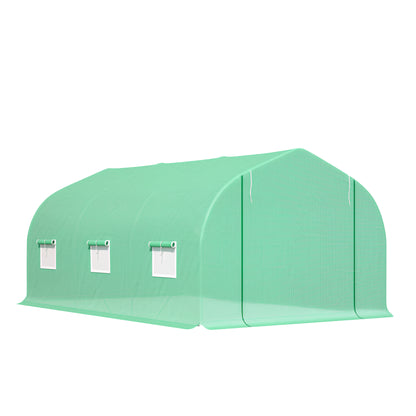 Outsunny 15' x 10' x 7' Walk-in Greenhouse Outdoor Plant Tunnel Warm Hot House w/ Roll Up Door and 6 Mesh Windows, Steel Frame, Green