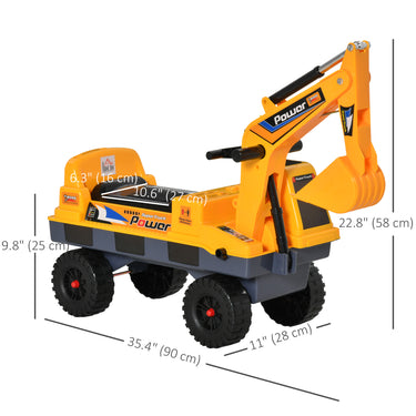 Qaba No Power Ride On Excavator Construction Digger Multi-Functional Truck Toy with 2 in 1 Design Detachable Digging Bucket and Grab Bucket, Music, Light, Yellow
