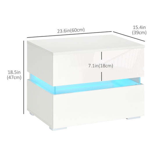 HOMCOM Modern Nightstand, Bedside Table with 2 Drawers, USB Powered RGB LED Lights, Remote for Bedroom, White