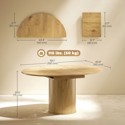 HOMCOM Extendable Kitchen Table for 6-8, 43.5"-59" Farmhouse Dining Table with Pedestal Base Natural Wood Finish