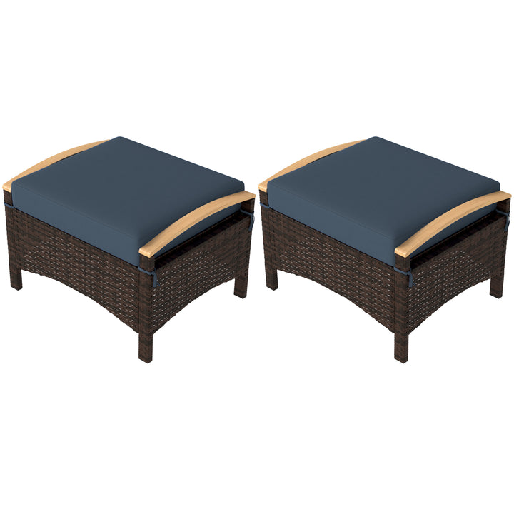 Outsunny 2 Pieces Wicker Outdoor Ottoman with Removable Cushion, Rattan Outdoor Footstool, Footrest and Side Table, Blue