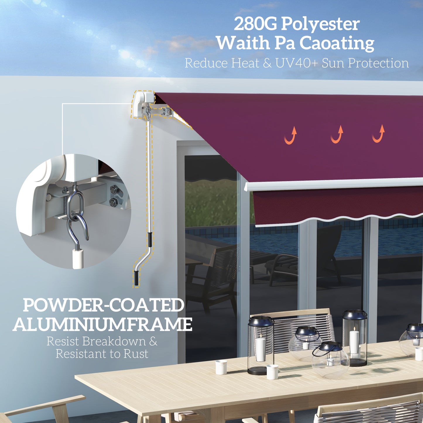 Outsunny 10' x 6.5' Manual Retractable Awning with LED Lights, Aluminum Frame Sun Canopies for Patio Door Window, Yellow/Grey