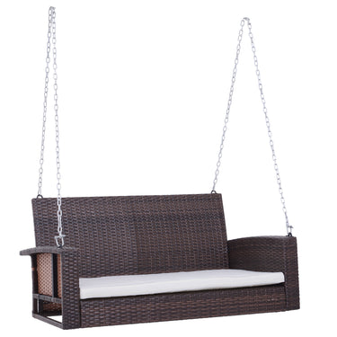 Outsunny 2-Person Patio Porch Swing Chair, Outdoor Rattan Hanging Bench with Cushion & 7.2 ft Steel Chains, Beige