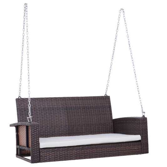 Outsunny 2-Person Patio Porch Swing Chair, Outdoor Rattan Hanging Bench with Cushion & 7.2 ft Steel Chains, Beige