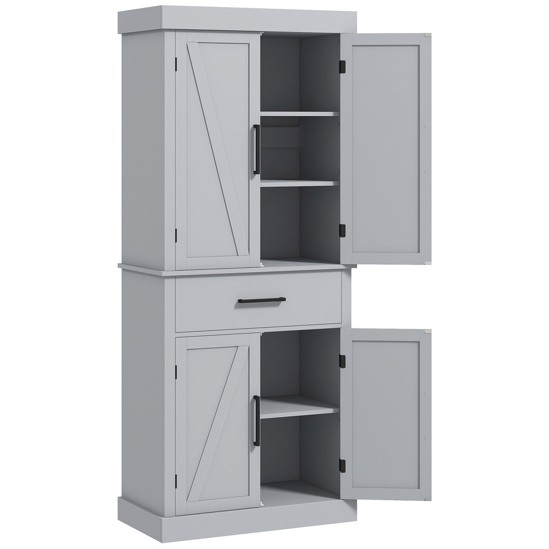 HOMCOM 72" Kitchen Storage Cabinet, Farmhouse Kitchen Pantry Cabinet with 4 Barn Doors, Drawer, Adjustable Shelves, Grey