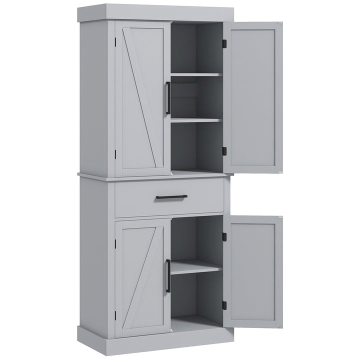 HOMCOM 72" Kitchen Storage Cabinet, Farmhouse Kitchen Pantry Cabinet with 4 Barn Doors, Drawer, Adjustable Shelves, Grey