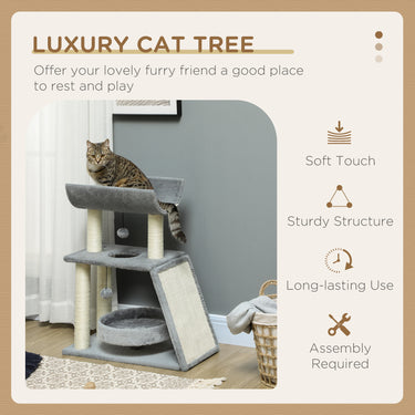 PawHut Small Cat Tree with Perch, Scratching Posts, Pad, Bed, Toy Balls, Light Grey