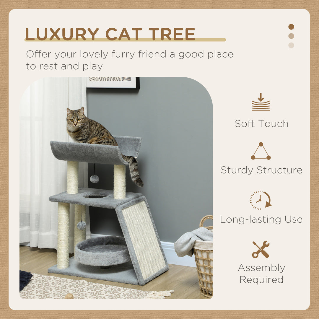 PawHut Small Cat Tree with Perch, Scratching Posts, Pad, Bed, Toy Balls, Light Grey