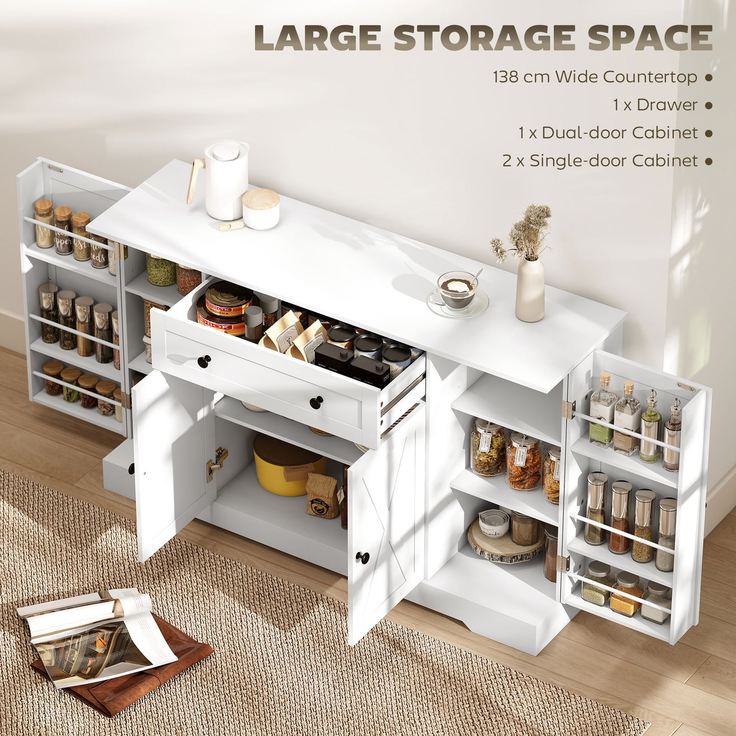 HOMCOM Sideboard Buffet Cabinet, Farmhouse Coffee Bar Cabinet with Door Shelves, Adjustable Shelves, Drawer, Barn Doors, White