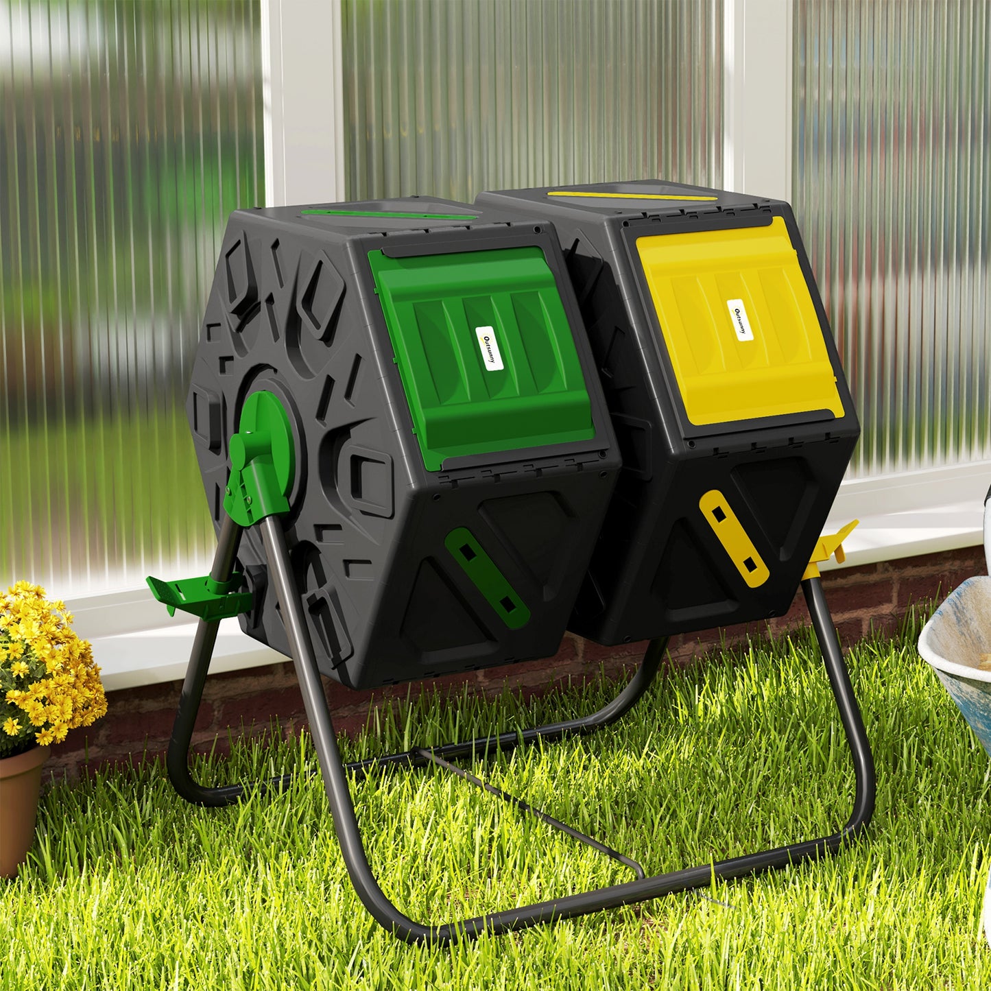 Outsunny Rotating Composter, Dual Chamber Compost Bin with 24 Vents and Steel Legs, 34.5 Gallon, Brown