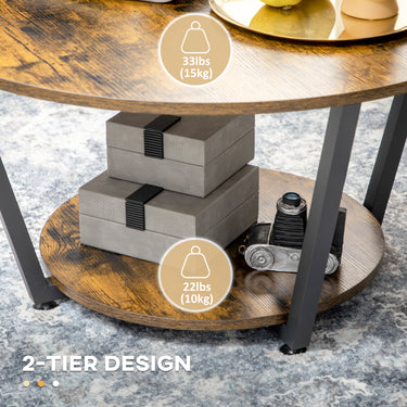 HOMCOM 2-Tier Round Coffee Table with Storage Shelf, Industrial Center Table with Steel Frame for Living Room, Rustic Brown