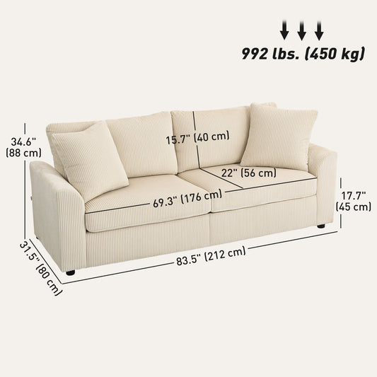 HOMCOM 3 Seater Sofa, 83.5" Modern Upholstered Couch with Pocket Spring and 2 Scatter Cushions for Living Room, Cream White
