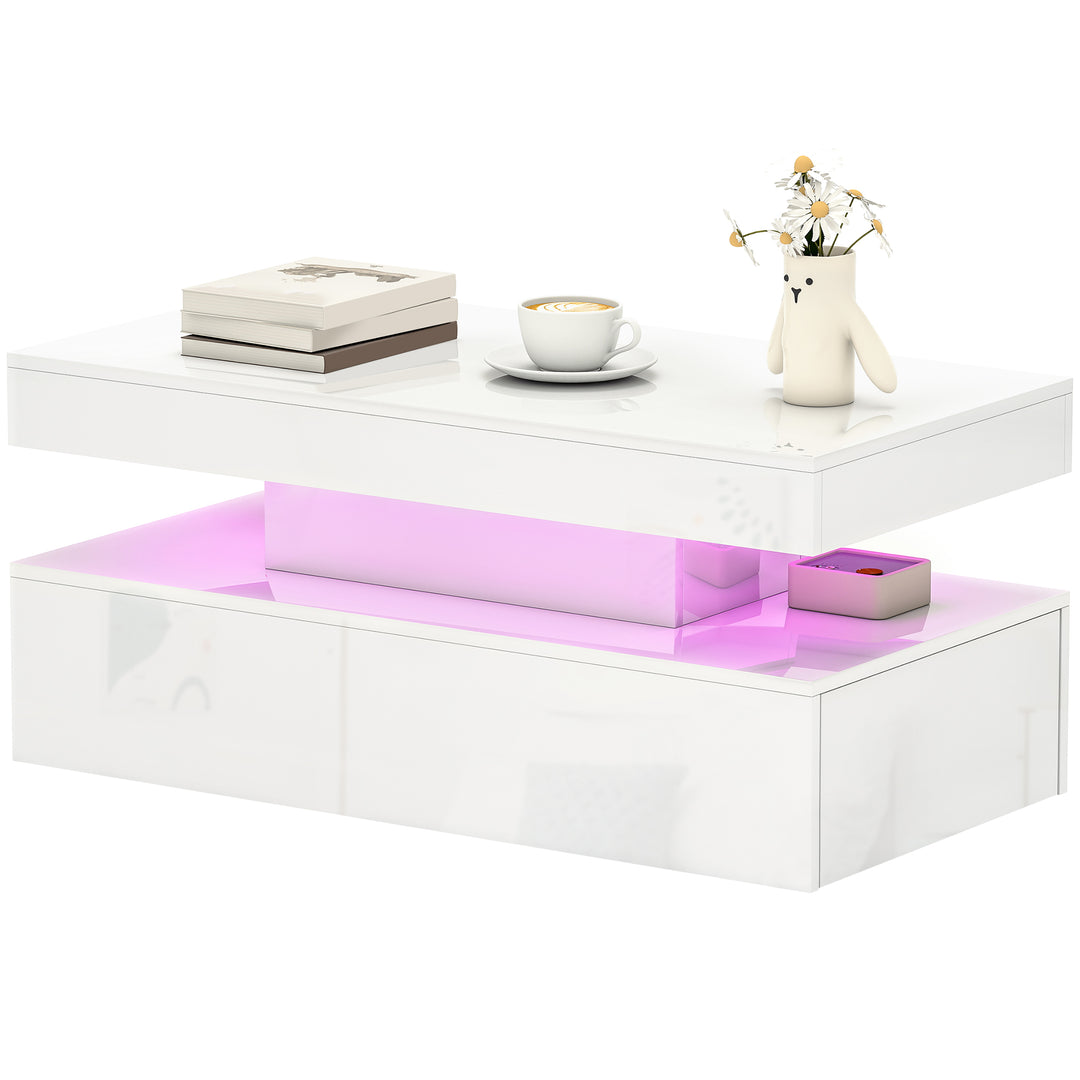 HOMCOM LED Coffee Table, Living Room Table with 2 Drawers and Open Shelf, High Gloss White
