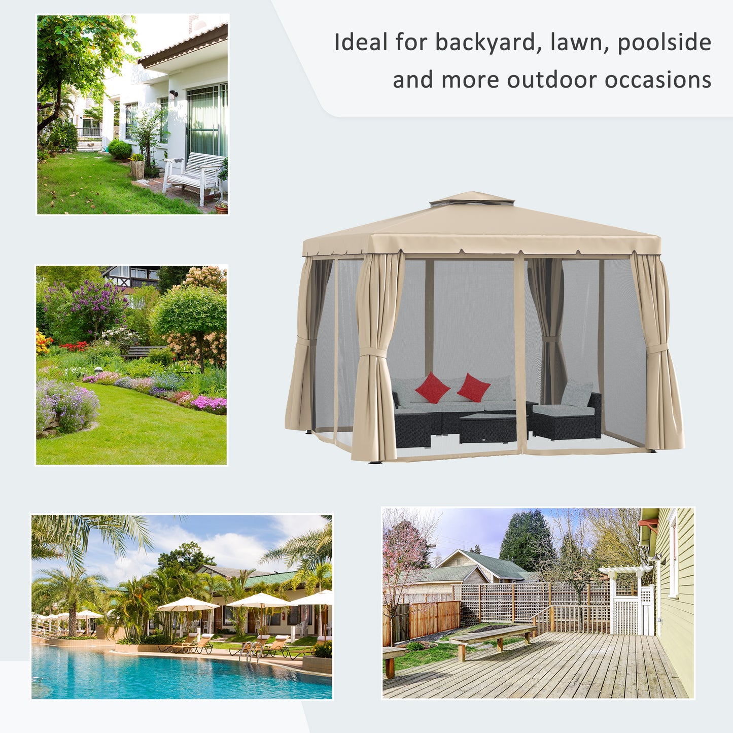 Outsunny 10' x 10' Outdoor Patio Gazebo Double Soft-top Garden Shelter Tent with Curtains, & Mesh Screen Drapes, Brown