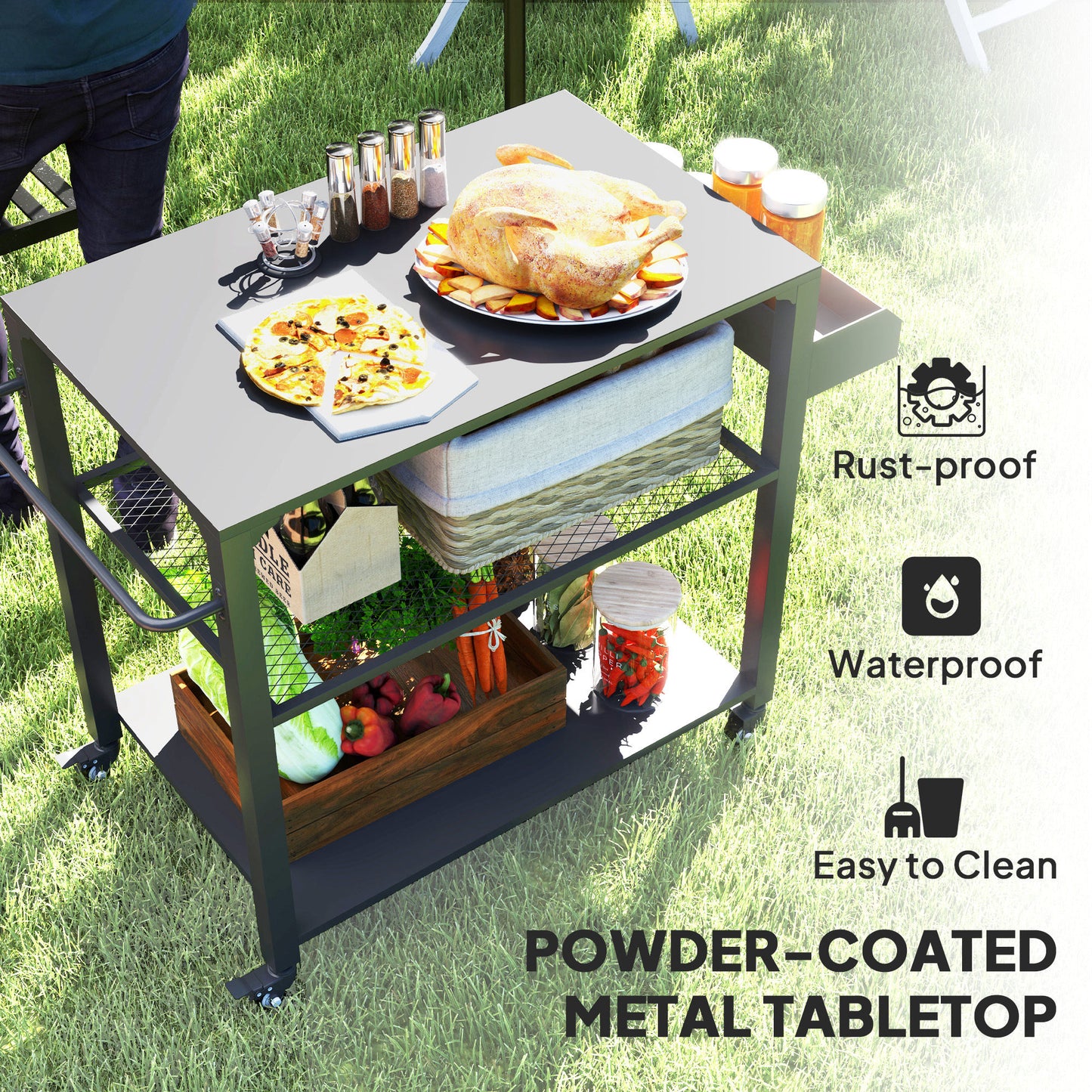 Outsunny 3-Shelf Outdoor Grill Cart Table with Foldable Side Table and Stainless Steel Table Top, Pizza Oven Stand on Wheels