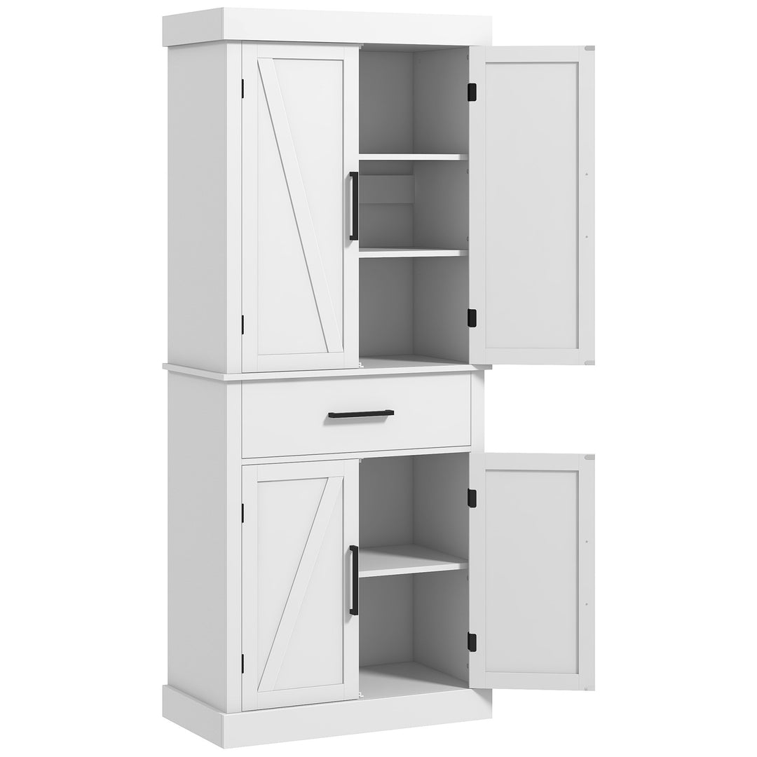 HOMCOM 72" Kitchen Storage Cabinet, Farmhouse Kitchen Pantry Cabinet with 4 Barn Doors, Drawer, Adjustable Shelves, Grey